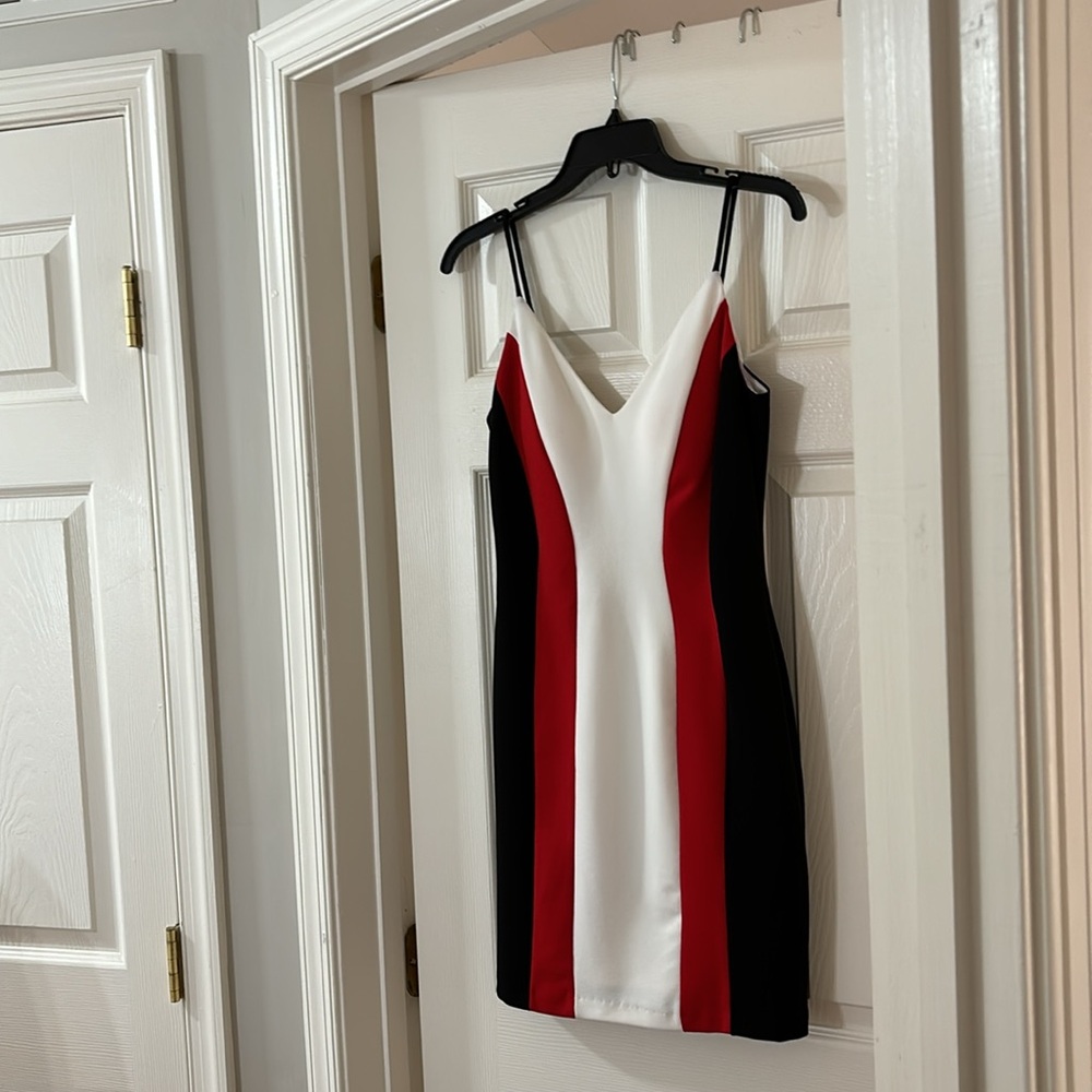 Jump Apparel nice black, white & red striped sheath dress